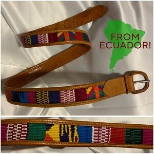Size L-XL Ecuadorian / Incan Artisan Leather and Embroidery Belt / Boho Belt